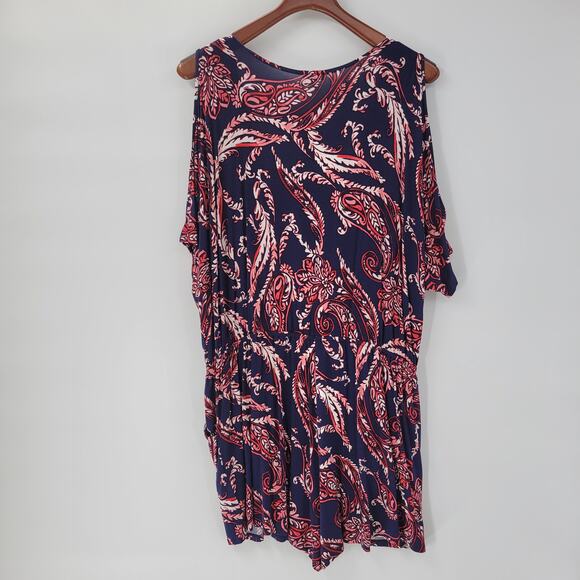 Spense Womens Romper XL Blue Red Paisley Cold Shoulder Boho Pullover Stretch - Picture 2 of 14
